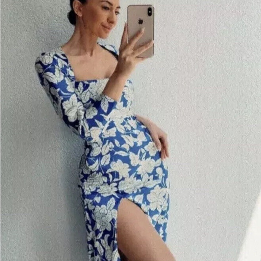 Zara blue and white floral satin dress with slit